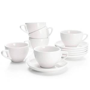 lot 4704 image: Sweese 6 Ounce Cappuccino Cups with Saucers, Porcelain Double Espresso Cups Set of 6 - White