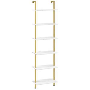 lot 4706 image: HOOBRO DIY Ladder Shelf, 6-Tier Wooden Wall Mounted Bookshelf, Narrow Gold Bookcase, Display Shelf, Storage Rack, Plant Stand, for Living Room, Bedroom, Study, Balcony, Marble and Gold DM651CJ01