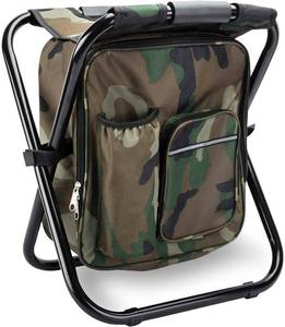 lot 4740 image: Kikerike Folding Stool Backpack Insulated Cooler Bag, Collapsible Camping Hunting Fishing Multifunction Chair with Front Pocket and Bottle Pocket for Outdoor Events, Hiking, Travel, Beach