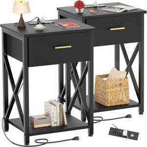 lot 4748 image: Ecoprsio Oversized Nightstands Set of 2, 26 Bedside Table with Charging Station, Modern End Side Table with X-Design, Tall Night Stand with Drawer and Shelf for Bedroom, Living Room, Sofa, Black