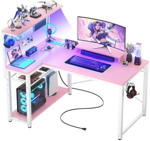 lot 4754 image: Homieasy Small Gaming Desk with Power Outlets Pegboard LED Light, 43 Inch L Shaped Computer Desk with Monitor Stand Storage Shelves, Reversible Corner Desk with Headset Hooks, Carbon Fiber Black