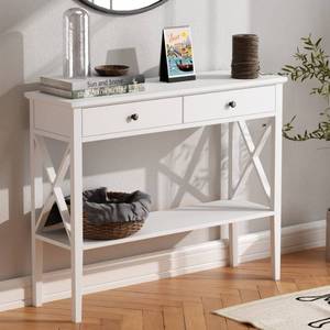 lot 4786 image: ChooChoo Console Table with Drawers, Narrow Wood Accent Sofa Table Entryway Table with Storage Shelf for Entryway, Front Hall, Hallway, Living Room, White