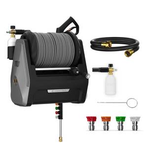 lot 4813 image: Giraffe Tools Grandfalls Pressure Washer Plus, Electric Wall Mount Power Washer with 100FT Retractable Hose, 2200PSI, 2.4GPM, 4 Nozzles, Foam Cannon, Spray Gun for CarsPatios, Dark Silver