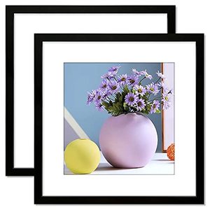 lot 4820 image: EZOOZE 18x18 Frame Black Wood Picture Frame, Display Pictures 14x14 with Mat Or 18x18 without Mat, Set of 2