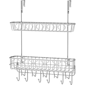 lot 4844 image: Simple Houseware Over The Door Hanging Shelf Organizer,11 Hooks with Dual Basket, Chrome