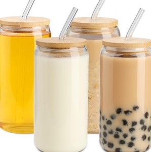 lot 2606 image: Dealusy 4 Glass Cups with Lids, Straws, and Brushes - 16 oz Drinking Cup Set with Bamboo Lids and Straws for Iced Coffee, Tumblers with Straw and Lid