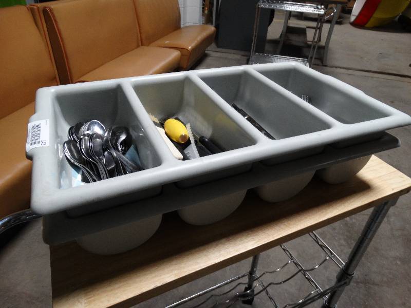 lot 142 image: 2 plastic silverware holders w Approx. 105 pieces of various silverware