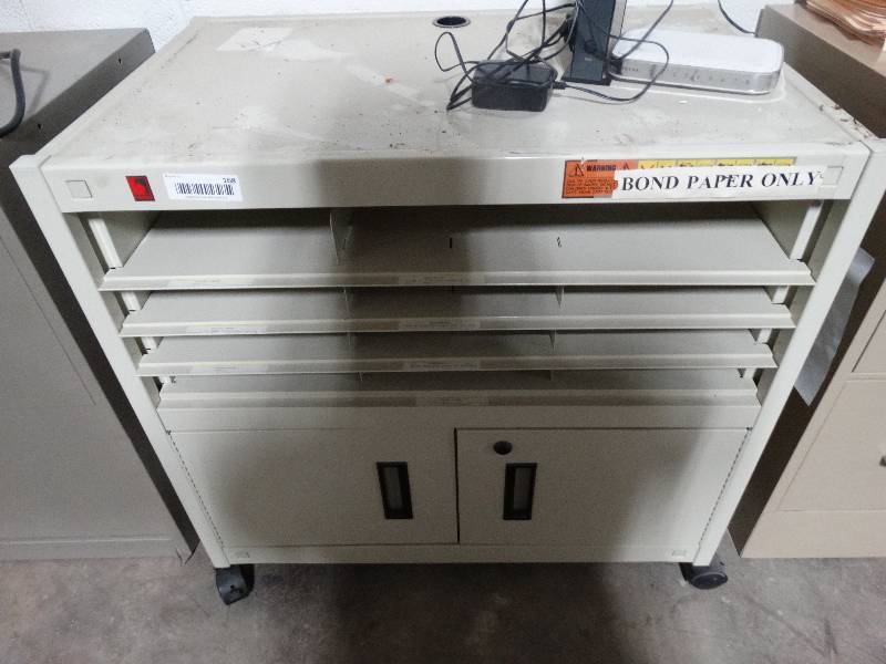 lot 168 image: Metal printercopy machine cart on wheels & 2 modems
