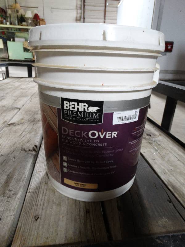 lot 202 image: Behr premium deck over paint- Unopened 5 gallon bucket
