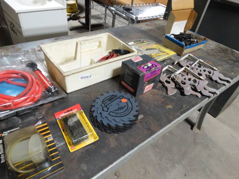 lot 223 image: Lot of hardware, pump, saw blades, stapler, misc.
