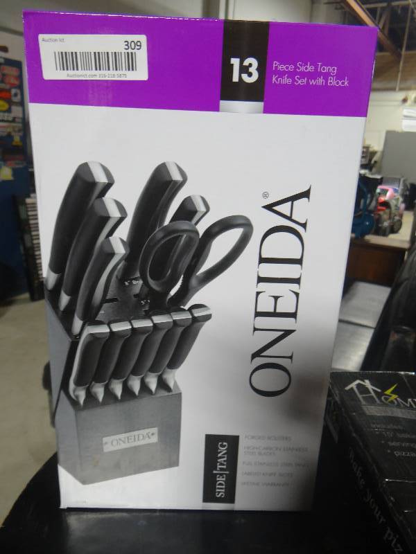 lot 309 image: Oneida 13 pc knife set in box, cooler-BBQ grill combo, 15 jumbo baking stone in box