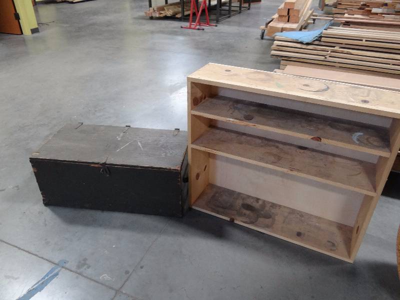 lot 5567 image: Military Foot Locker And Wood Shelf