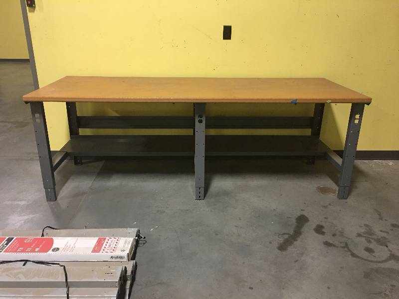 lot 5581 image: Wood Top Assembly Table On Metal Base