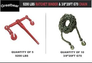 lot 24 image: UNUSED 2024 Greatbear Qty of (5) 9200LBS Ratchet Binders and Qty of (10) 38 20FT G70 Chains