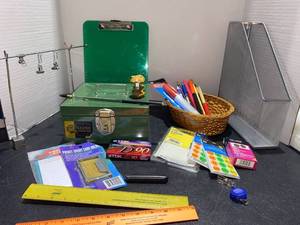 lot 44444 image: Office Supplies - file box, cat stapler, rulers, sorter, labels, credit card holder