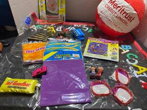 lot 44445 image: Toys - Art kit, book covers, play mat, games, Tin whistle, wooly Willy, peanuts finger puppets and 2 hot wheels