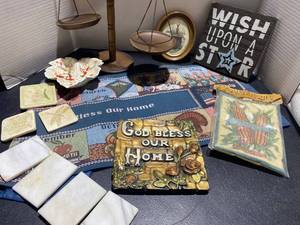 lot 44451 image: Home Decor- wooden scale, pictures, coasters, table runner