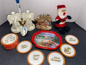 lot 44509 image: Christmas Decorations - 2 Angel Tea Light, Coasters, Candle, Santa,Tray,Ceramic Navity