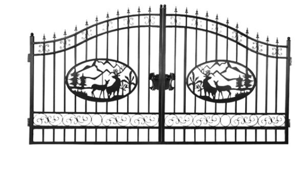 lot 1013N image: 14 Foot - Unused 2024 Greatbear Bi-Parting Iron Gate. With artwork Deer in the Middle of Gate Frame.