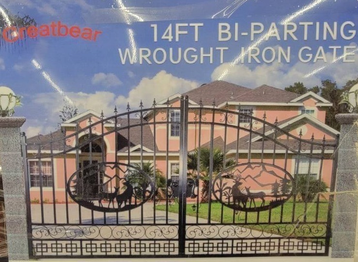 lot 1013O image: 14 Foot - Unused 2024 Greatbear Bi-Parting Iron Gate. With artwork Deer in the Middle of Gate Frame.