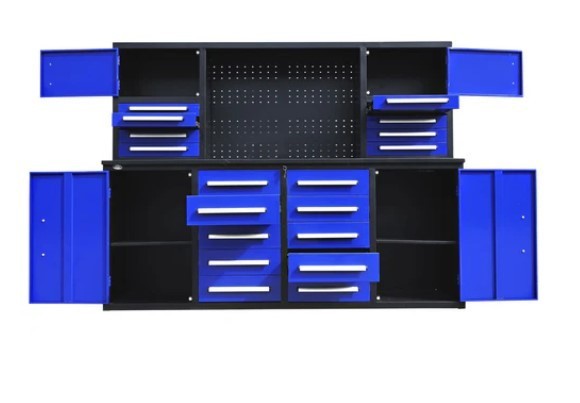 lot 1133 image: Unused 2024 Steelman 7FT-18D Blue Work Bench with 18 Drawers.  86x23x39 inch