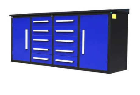 lot 1139 image: Unused Steelman 7FT-10D Blue Work Bench with 10 Drawers &amp 2 Cabinets
