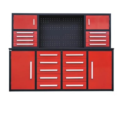 lot 1132 image: Unused 2024 Steelman 7FT-18D Red Work Bench with 18 Drawers.  86x23x39 inch
