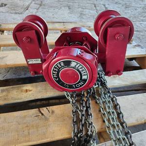 lot 40001 image: New Chester 12 Ton Zephyr Hand Chain Hoist, 8 of Lift, Army Type Push Trolley.