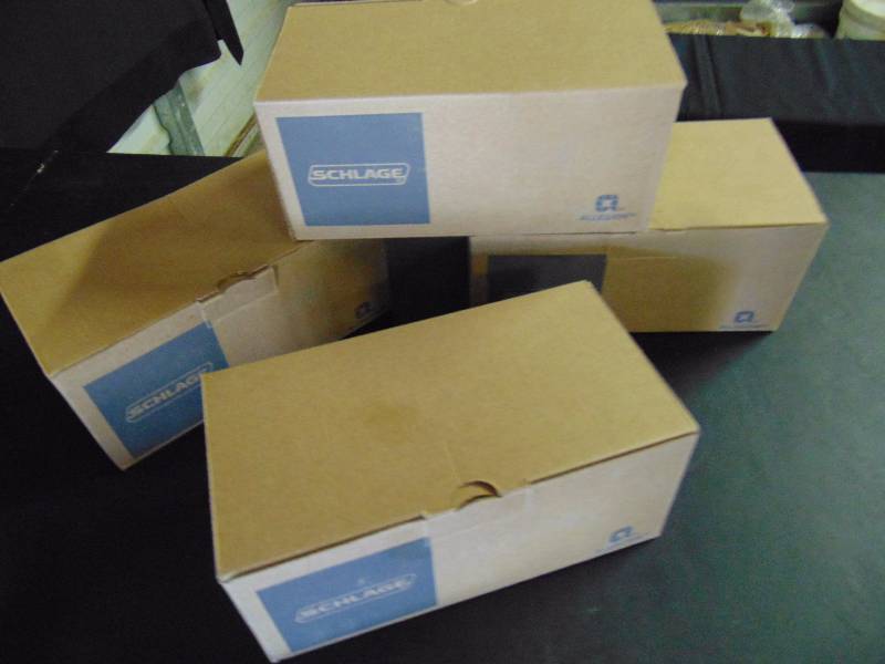 lot 4212 image: (4) ct. lot Schlage interior door handle set F59SIE 625, chrome finish includes (1) 12-326 Latch, (1) 10-269 Strike, (1) 1-34 Dr.