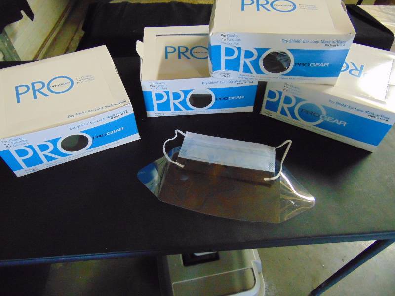 lot 4244 image: (1) case Pro Gear Dry Shield Ear Loop Masks with visor, (4) boxes 25 masks per box 100 masks total