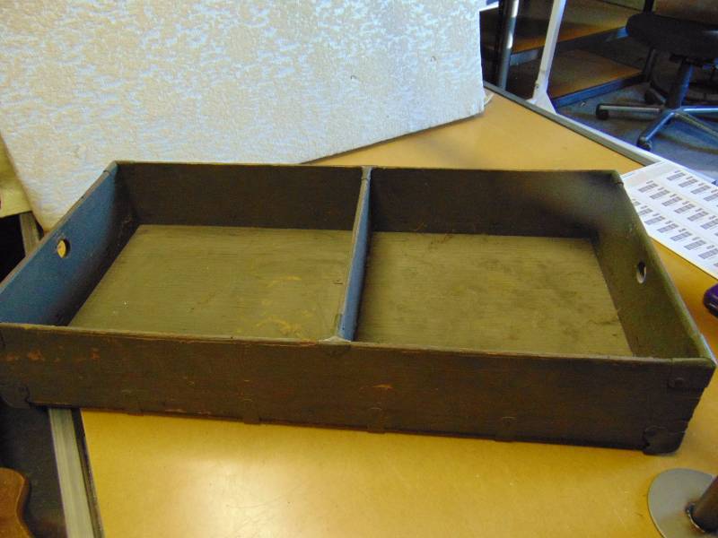 lot 4333 image: Wooden Insert for foot locker, Olive drab, approx 30-12 x 14-12, sloped, would make a great display shelf