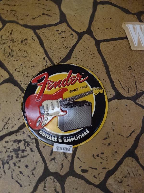 lot 409 image: Fenders guitars and amplifiers metal sign.