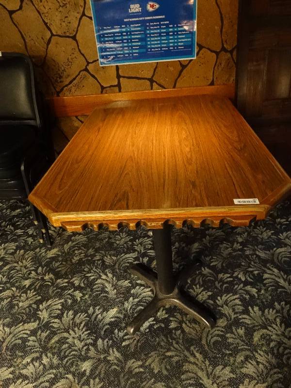 lot 483 image: wood table with metal legs.