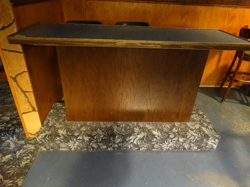 lot 485 image: Wood buddy bar. 43 H x 96 L x 22 W.