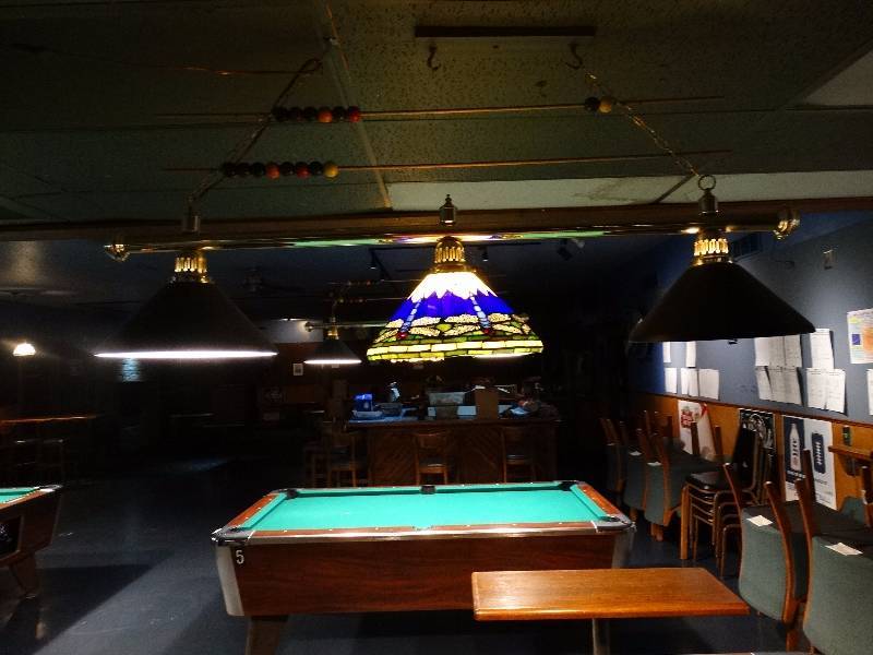 lot 495 image: Pool table light, 1 shade is stained glass.
