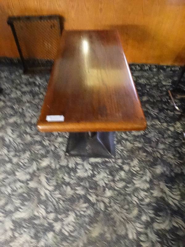 lot 622 image: Small wooden table wmetal base.