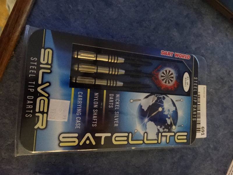 lot 691 image: Satellite Nickel Silver Steel Tip Darts w carrying case. New in box.