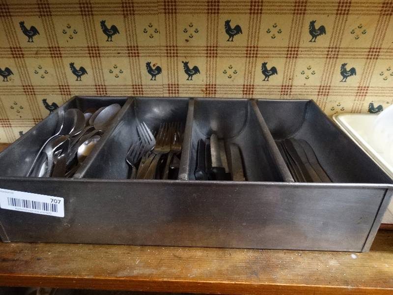 lot 707 image: Stainless steel caddy wlarge lot of silverware.