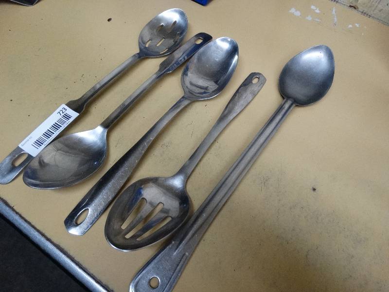 lot 723 image: Lot of 5 Various stainless steel serving spoons.