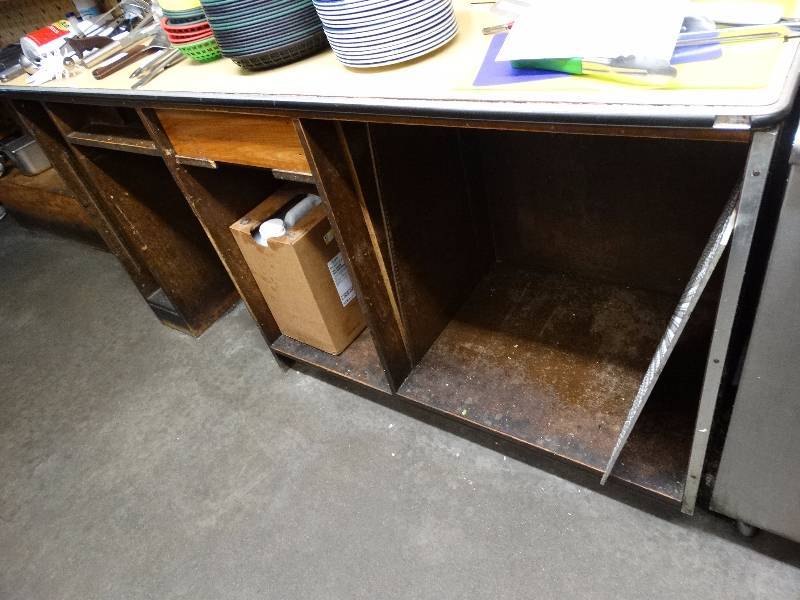 lot 739 image: Wood prep counter with laminate top - has under storage.