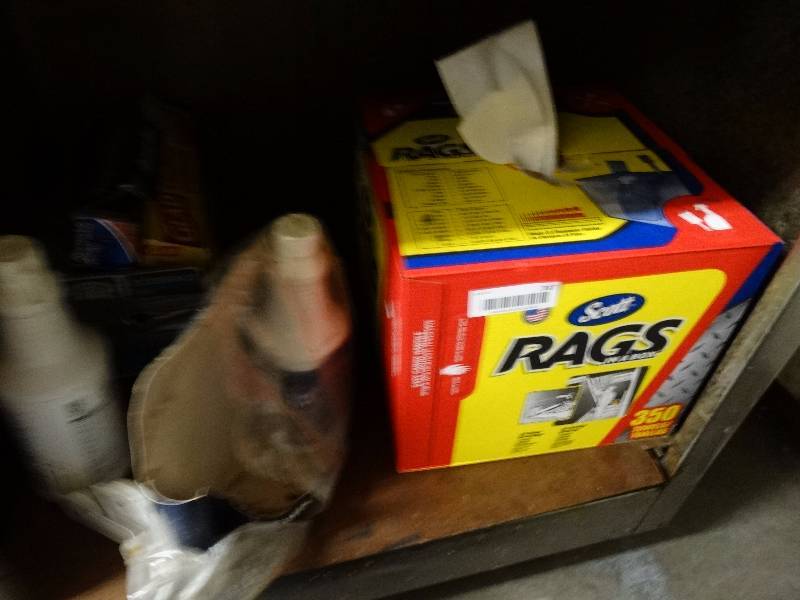 lot 747 image: Box of rags, cleaning supplies, & film wrap.