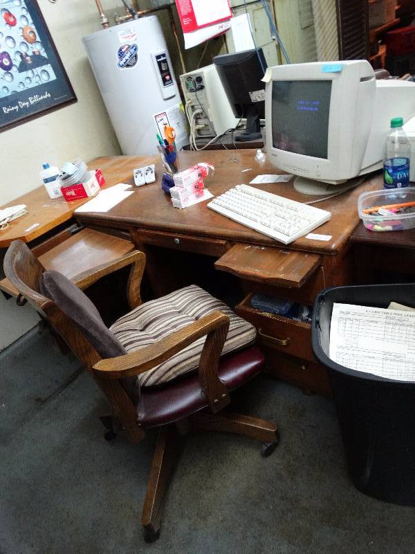 lot 839 image: Wooden desk wchair & contents NOT computer.