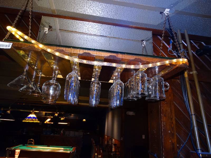 lot 860 image: 2 Wine glass rack wglasses & rope light.