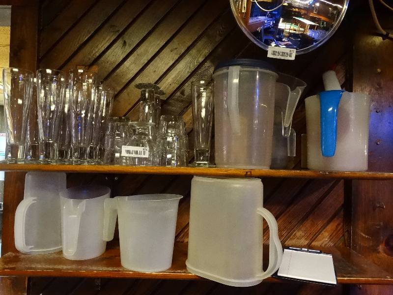 lot 874 image: Assorted glassware & plastic pitchers.