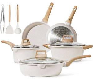 lot 60976 image: CAROTE Pots and Pans Set Nonstick, White Granite Induction Kitchen Cookware Sets, 11 Pcs Non Stick Cooking Set wFrying Pans & Saucepans(PFOS, PFOA Free)