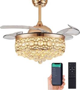 lot 61004 image: Dimmable Crystal Ceiling Fan with Light, Chandelier Fan with Remote Control Retractable Blade Design, Timing6 Speedfor BedroomLiving RoomOffice(36inch)