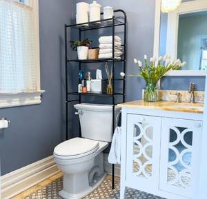 lot 61015 image: Mind Reader Over The Toilet Storage Rack, Bathroom Organizer, Bathroom Shelves, Metal, 23.5 L x 10.25 W x 70.5 H, Black