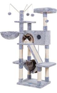 lot 61036 image: Hey-brother Cat Tree, 61 inch Cat Tower for Indoor Cats, Cat House with Padded Platform Bed, Toy Balls, Large Cozy Condo, Hammocks and Sisal Scratching Posts, Pewter