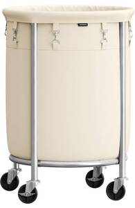 lot 61055 image: SONGMICS Laundry Basket with Wheels, Rolling Laundry Hamper, 29 Gal., Round Laundry Cart with Steel Frame and Removable Bag, 4 Casters and 2 Brakes, Cream and Silver URLS002W01