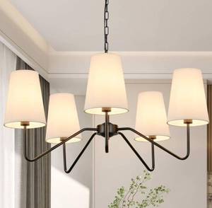 lot 61074 image: 5-Light Modern Chandelier with White Shades, Classic Pendant Ceiling Light Fixture for Dining Room, 30�� Black Chandelier with E12 Base Hanging Lamp for Living Room Hallway Bedroom, Height Adjustable